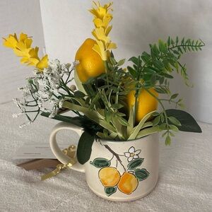Ceramic Lemon Mug with Faux Floral Arrangement - Yellow & Green